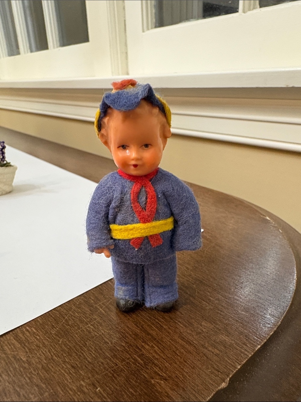 Vintage 1940s Celluloid Miniature Boy Doll 3” Felt Uniform Carnival Prize Japan
